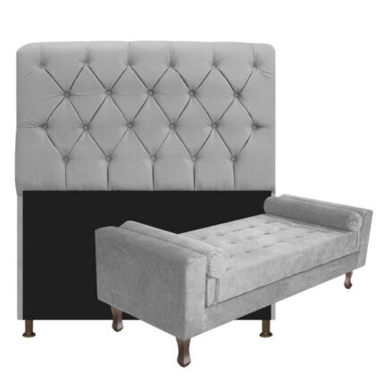 Kit Cabeceira Lady E Recamier Félix 140 Cm Casal Suede Cinza - Amarena Móveis